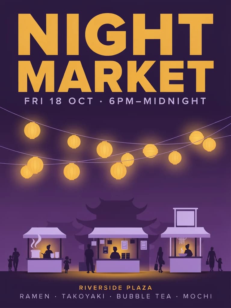 Ideogram 4.5 night market poster with the headline NIGHT MARKET and the date line FRI 18 OCT