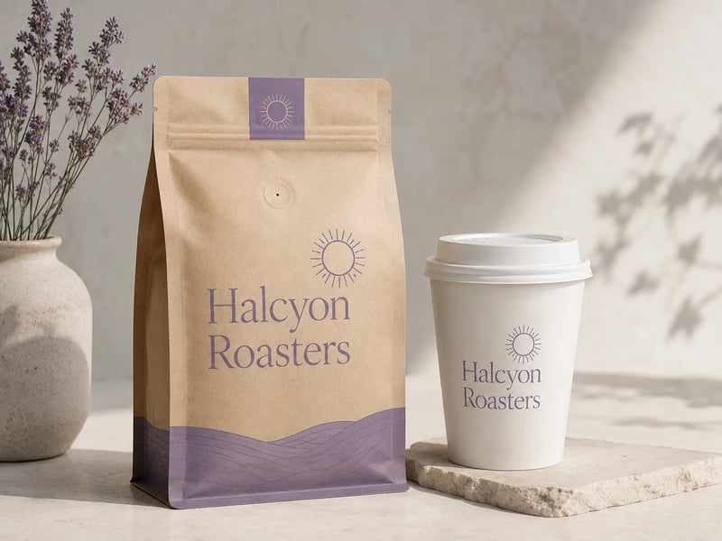 A kraft coffee bag and a white paper cup printed with the serif wordmark Halcyon Roasters and a small sun mark