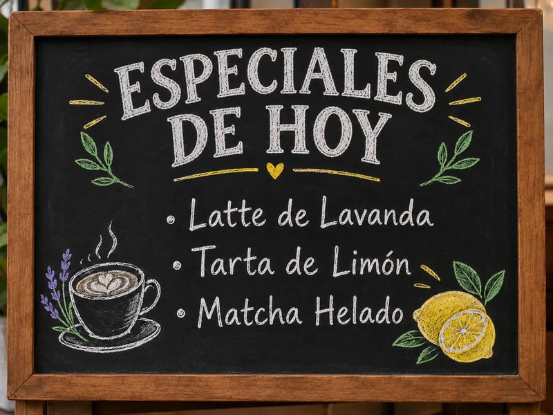 The same chalkboard menu in Spanish, titled ESPECIALES DE HOY