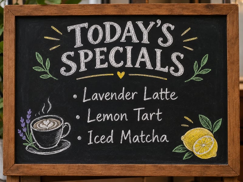 A chalkboard menu titled TODAY'S SPECIALS listing Lavender Latte, Lemon Tart, and Iced Matcha