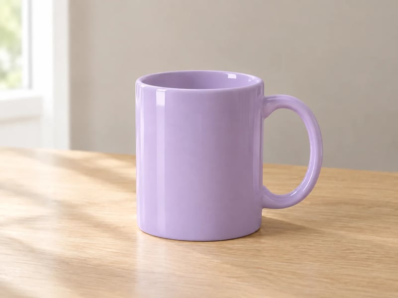 The same mug in lavender glaze on the same oak table