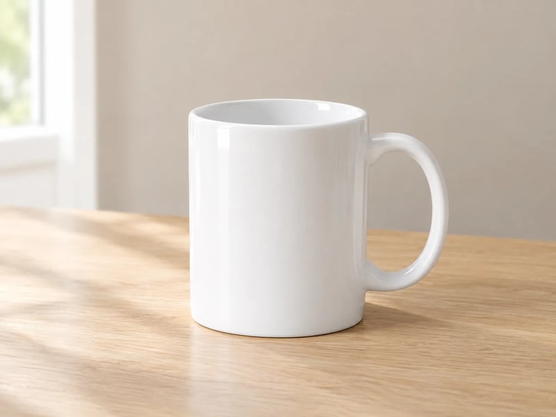A plain white ceramic mug on a light oak table