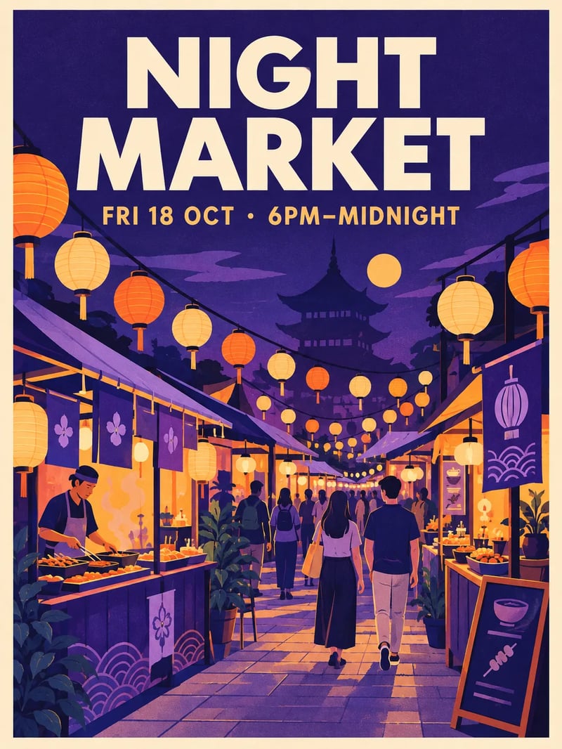 A night market event poster with the headline NIGHT MARKET and the line FRI 18 OCT, 6PM to midnight, over lanterns and food stalls in violet and amber