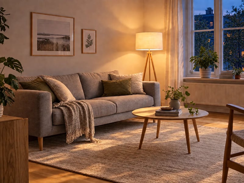 The same living room at dusk with the floor lamp on and warm light on the sofa