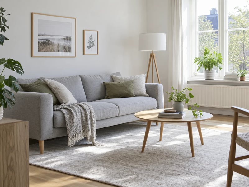 A bright Scandinavian living room at midday with a grey sofa and a floor lamp switched off