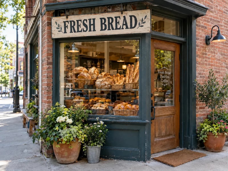 The same bakery with the sign now reading FRESH BREAD in the same lettering