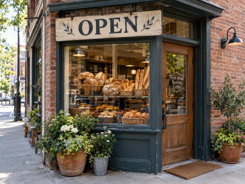 A corner bakery with a painted wooden sign reading OPEN above a window of bread